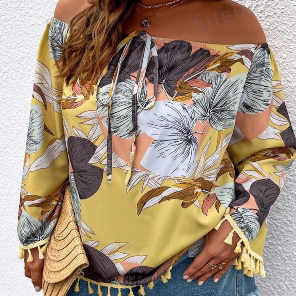 Women’s plus tropical print off shoulder, tassel trim shirt - Picture 5 of 5